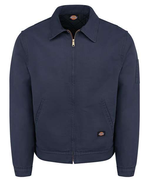 Navy blue Dickies work jacket with a zipper closure and pockets.