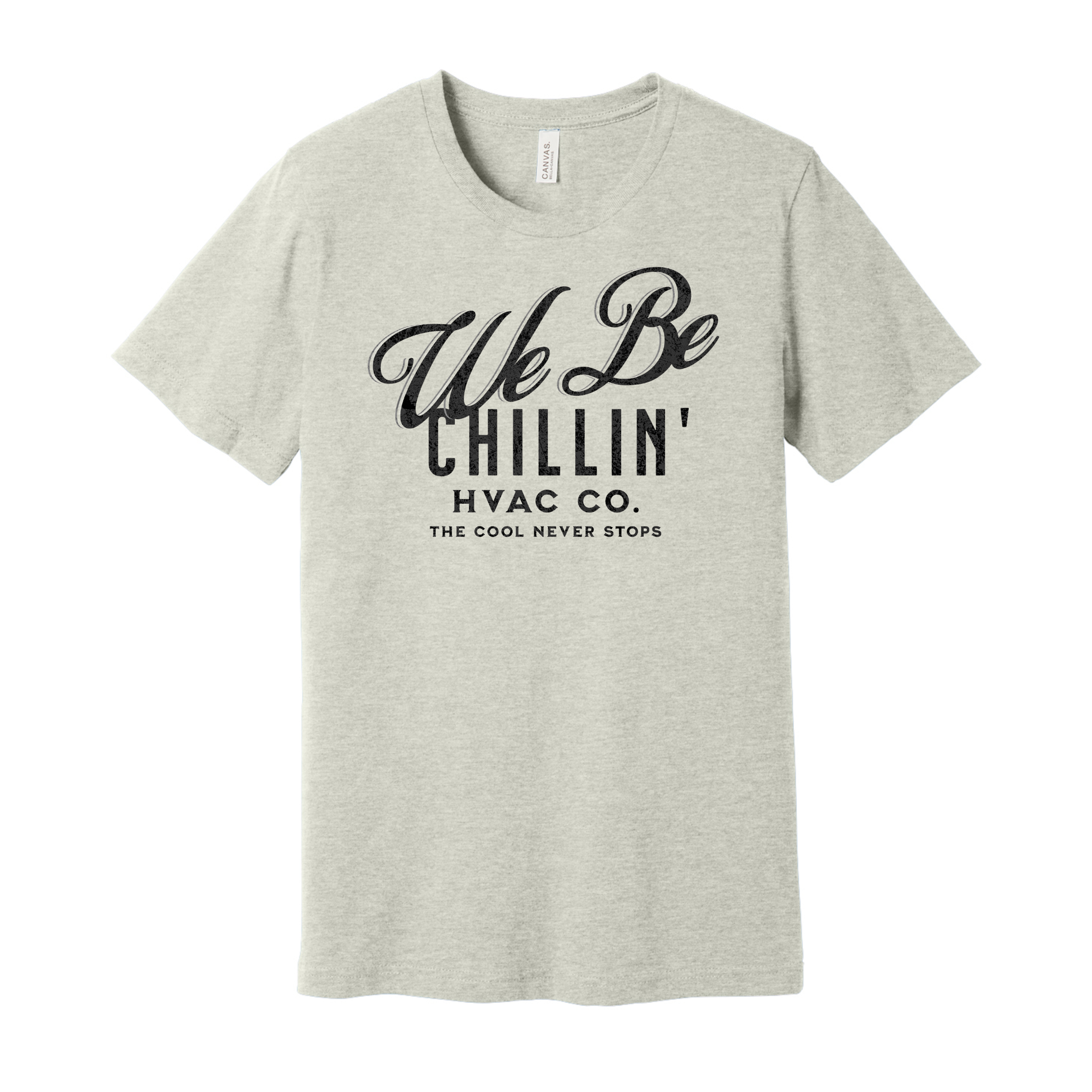 Light gray t-shirt with black text: