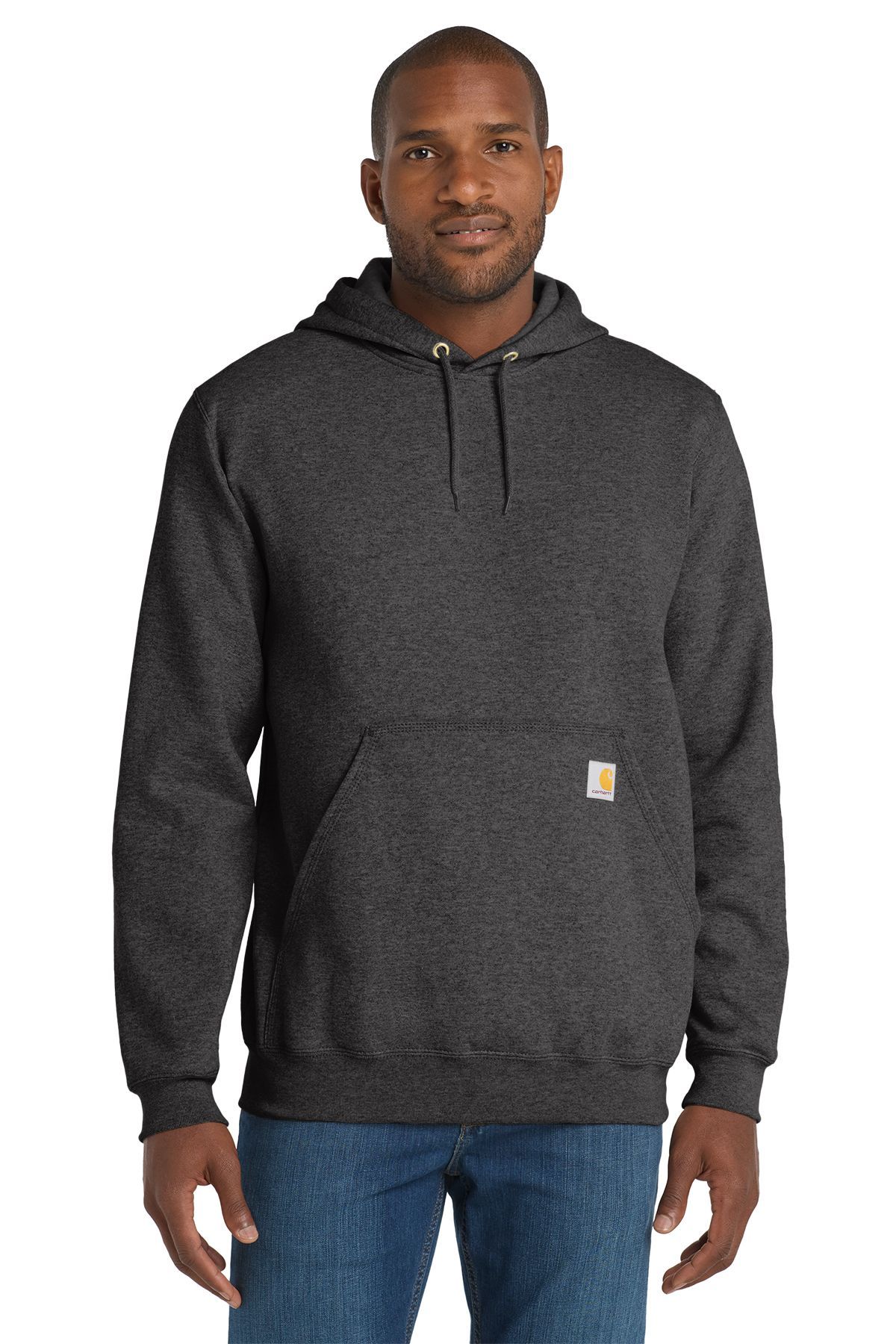 Man wearing a dark gray Carhartt hooded sweatshirt and blue jeans.