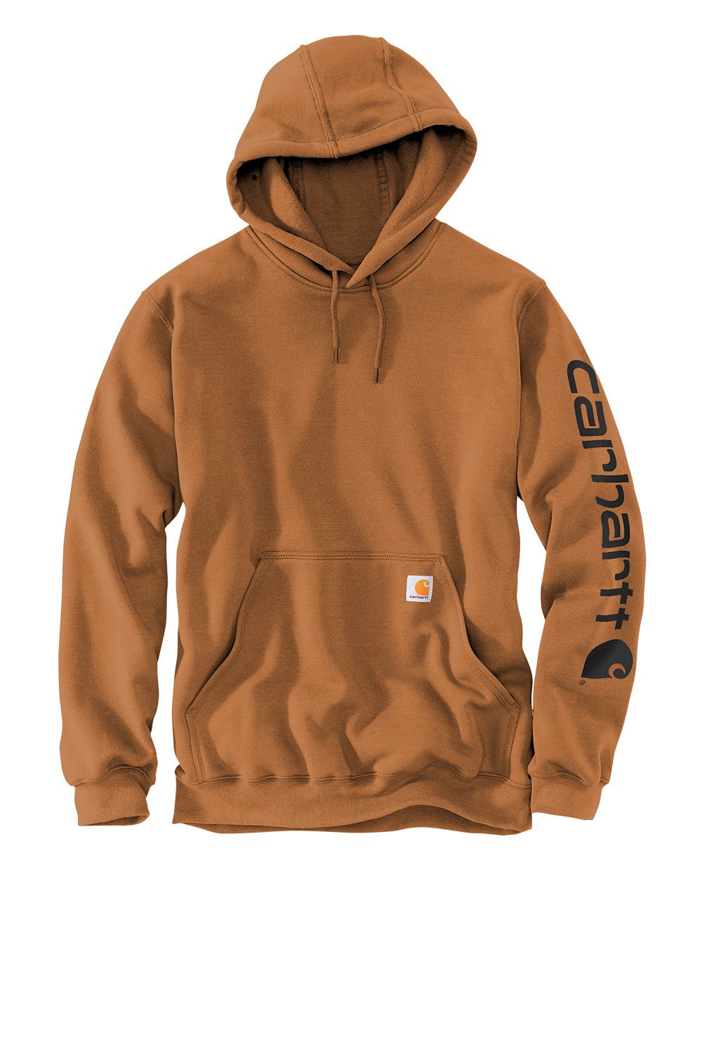 Brown Carhartt hoodie with logo on the sleeve and front pocket.