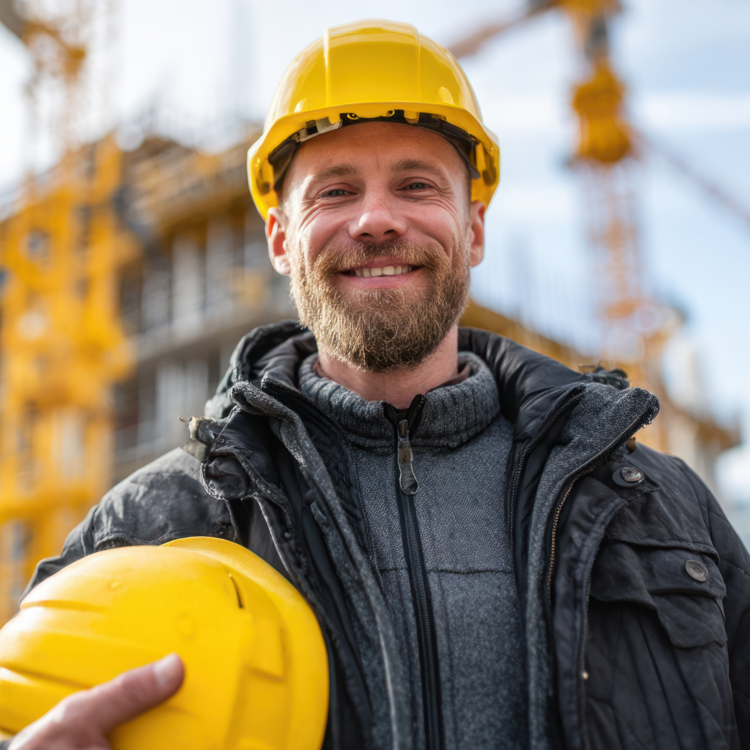 Construction worker smiling, holding a yellow hard hat. Construction site background.