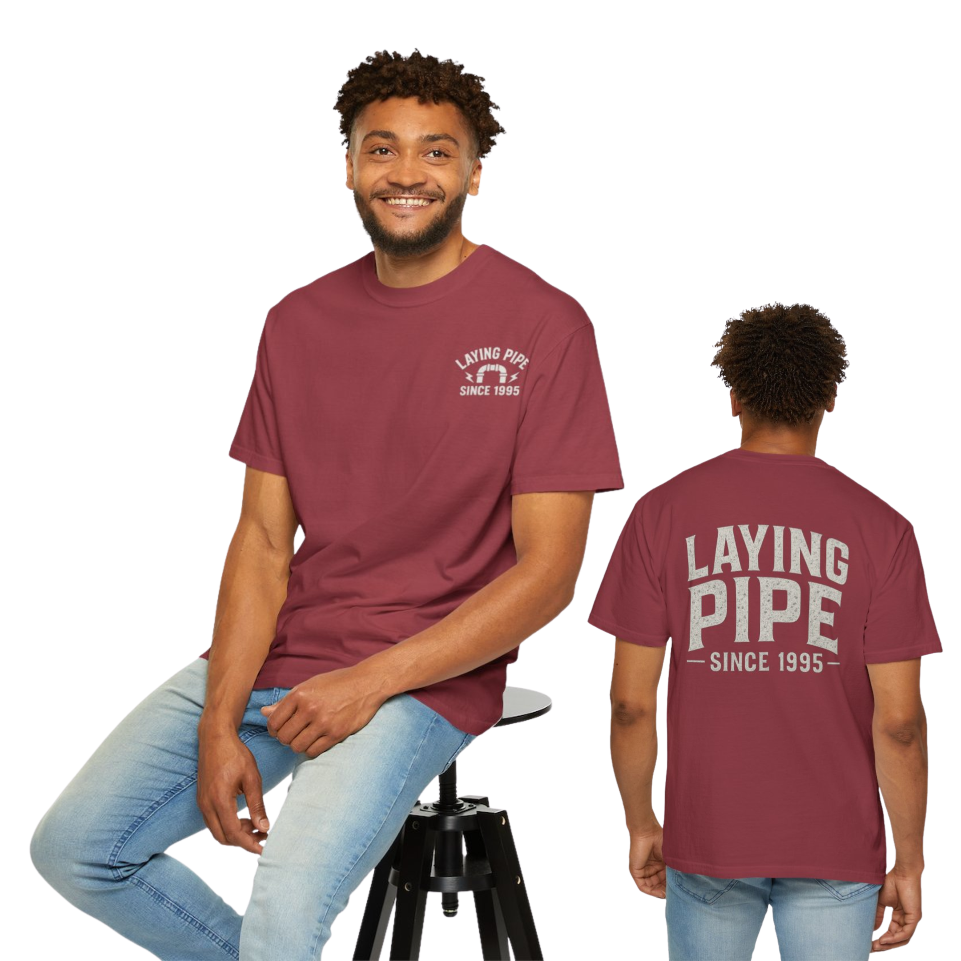 Man in burgundy t-shirt with 