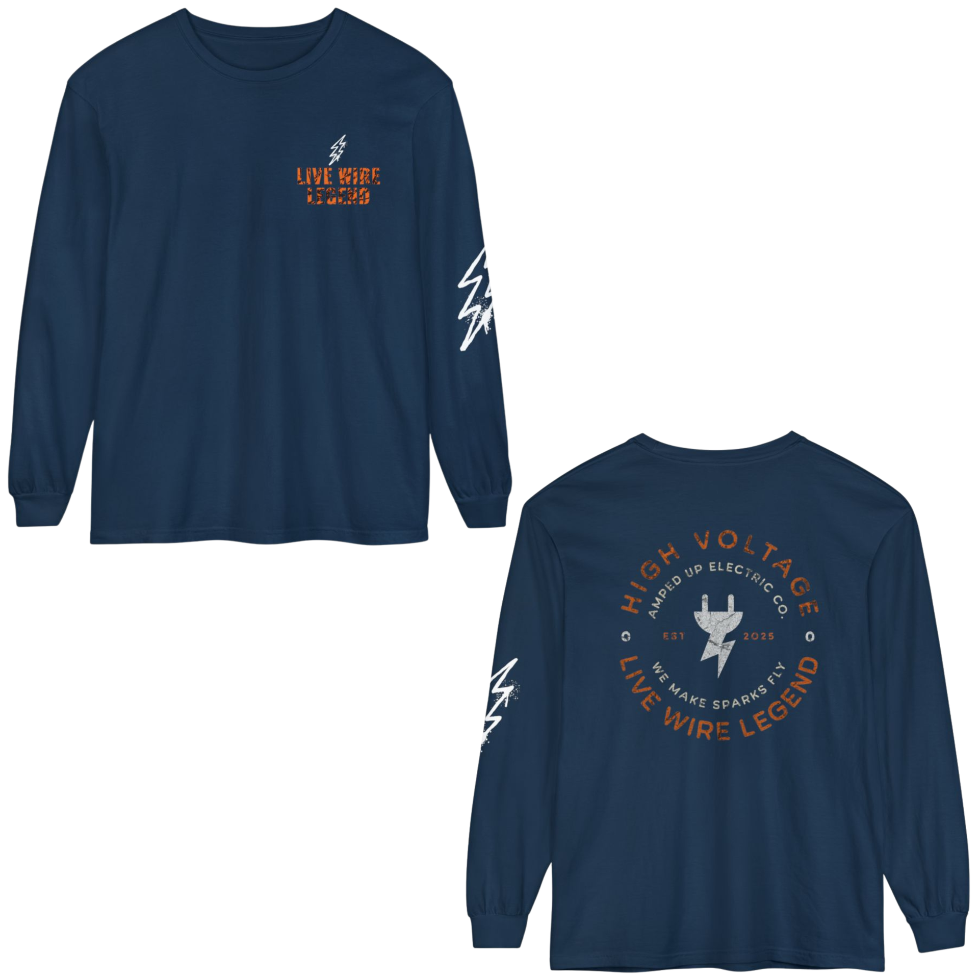 Navy blue long-sleeved shirt with electric bolt graphics on sleeve and back; logo text