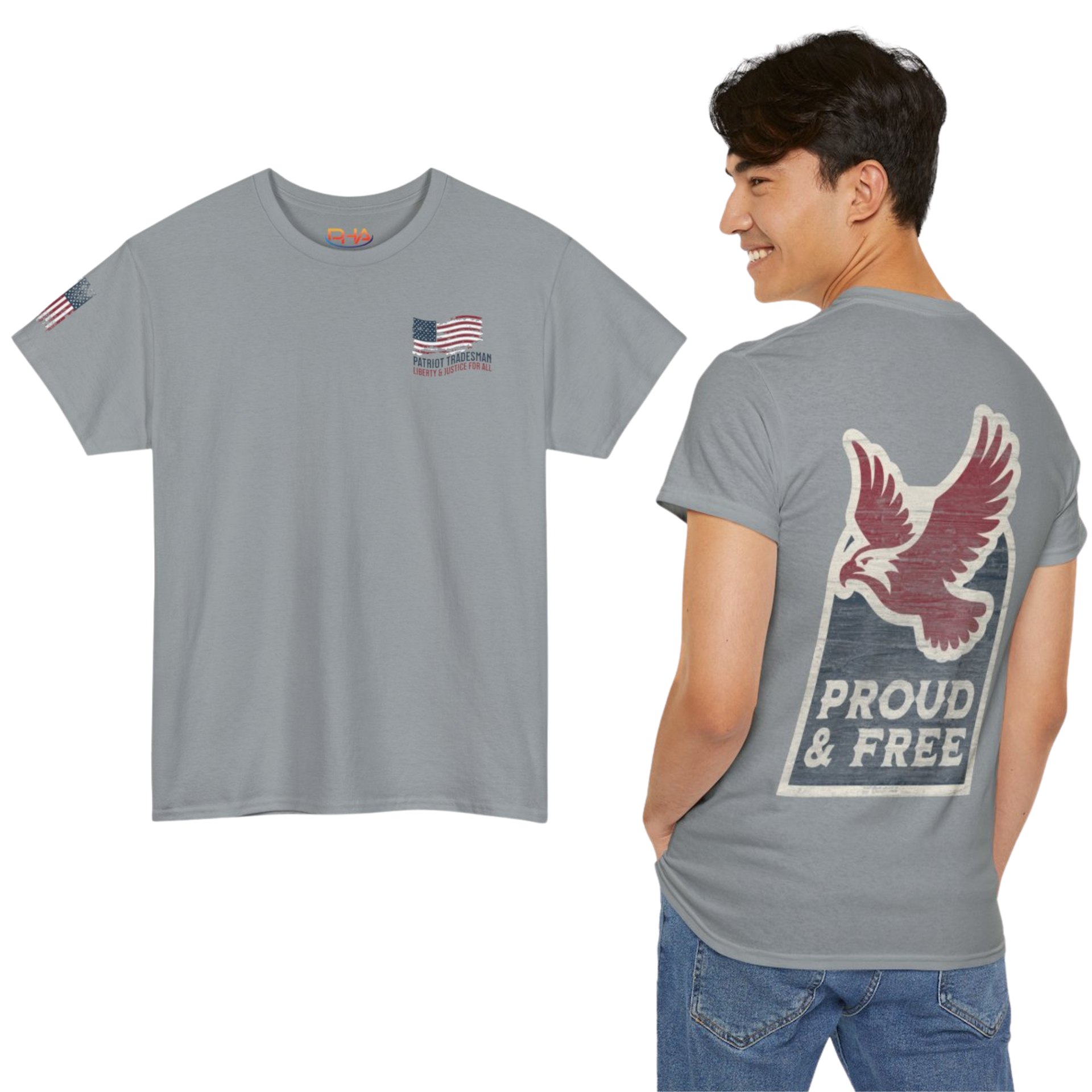 Gray t-shirt with American flag graphics and a man wearing it. The back features an eagle graphic and 