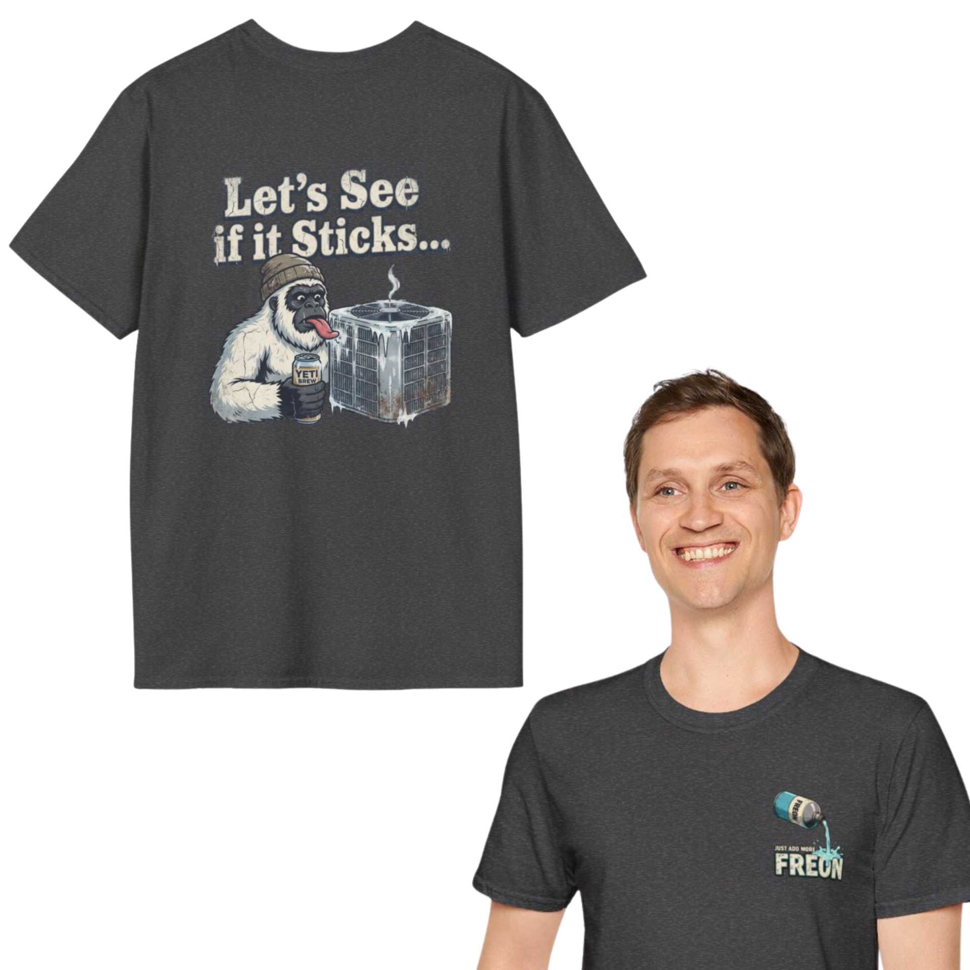Dark gray t-shirt with a yeti and ice cube design, and a man smiling wearing a similar t-shirt.