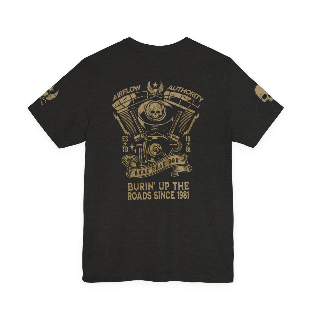 Black t-shirt with a gold motorcycle engine graphic and text: