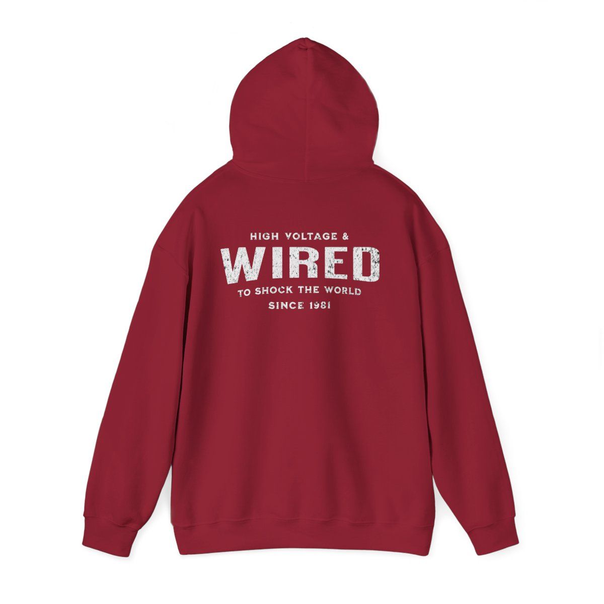 Red hoodie with white text that reads