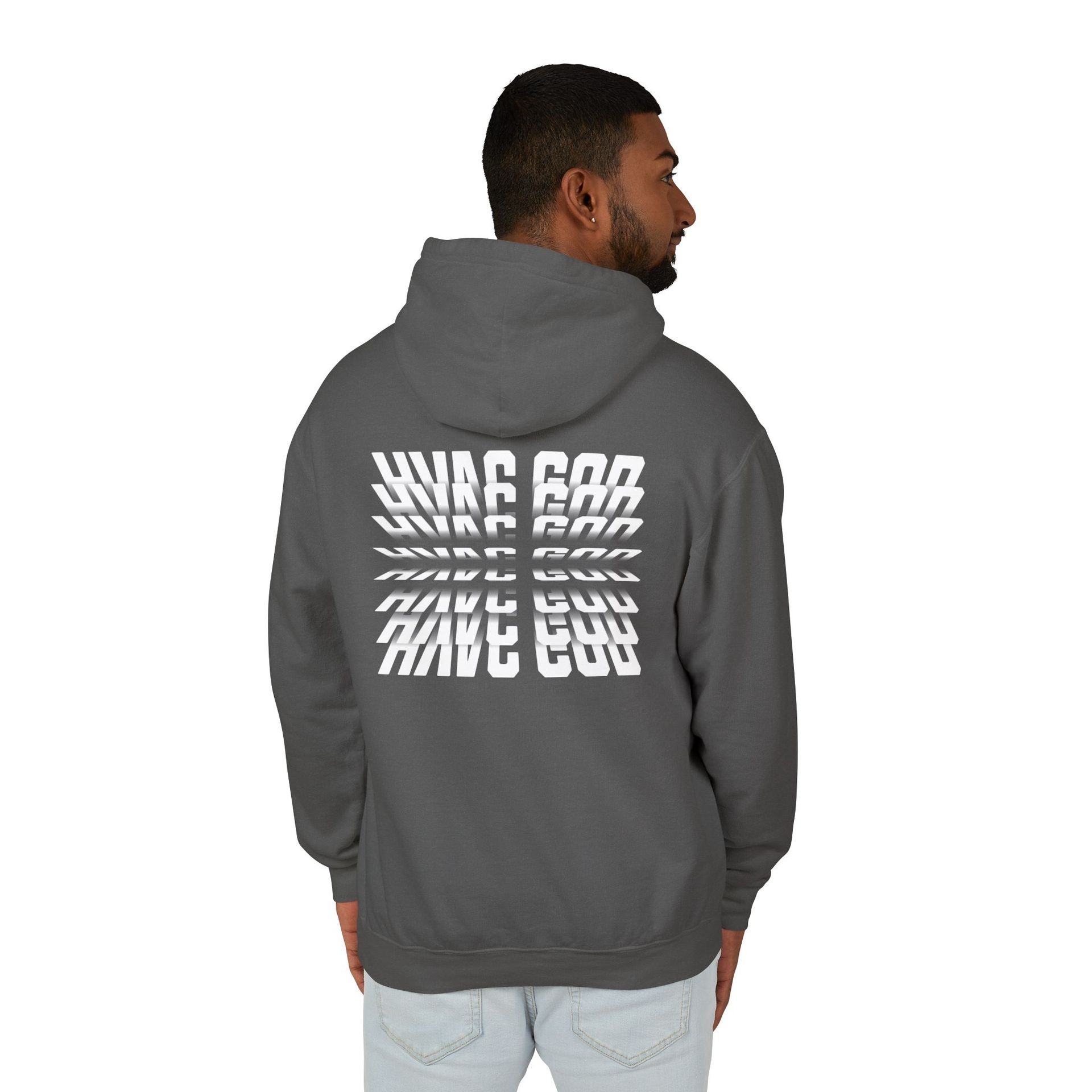 Man wearing a gray hoodie with
