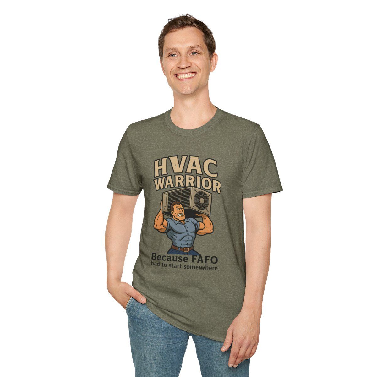 Man wearing a green t-shirt with 