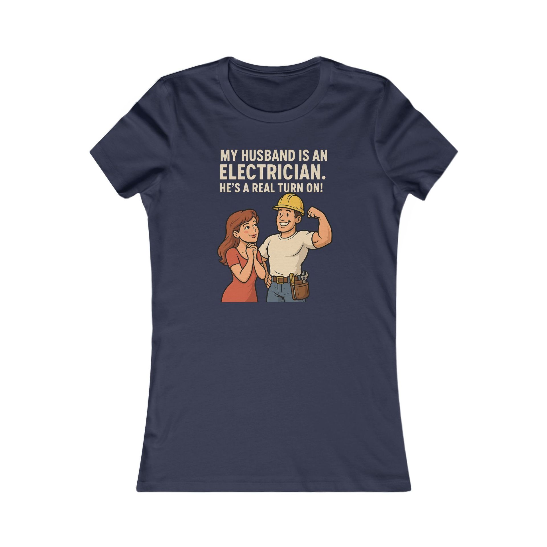 Navy blue t-shirt with illustration: a woman and muscular man; text 