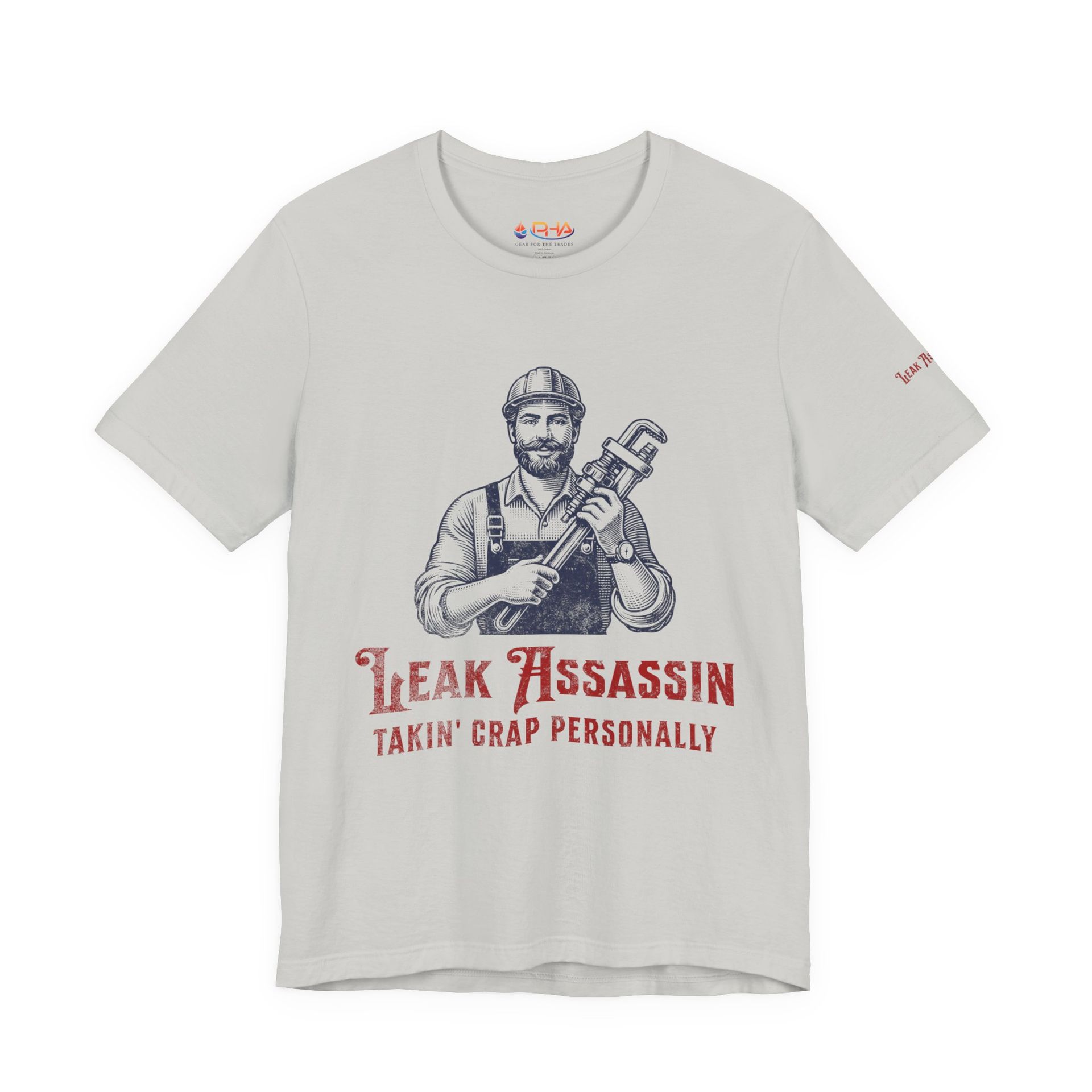 Gray t-shirt with a graphic of a plumber holding a wrench, the text reads