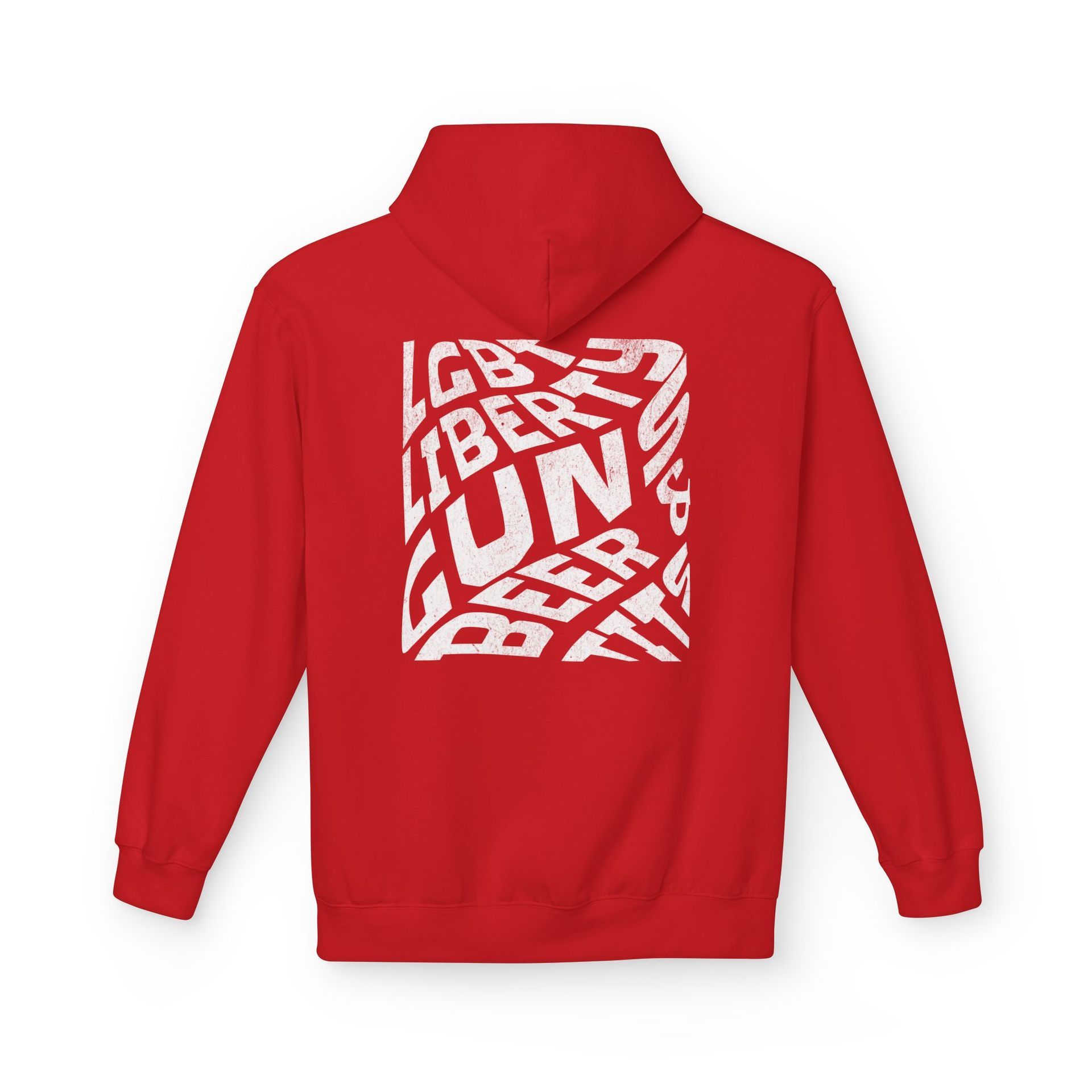 Red hoodie with a white, distorted text design that reads
