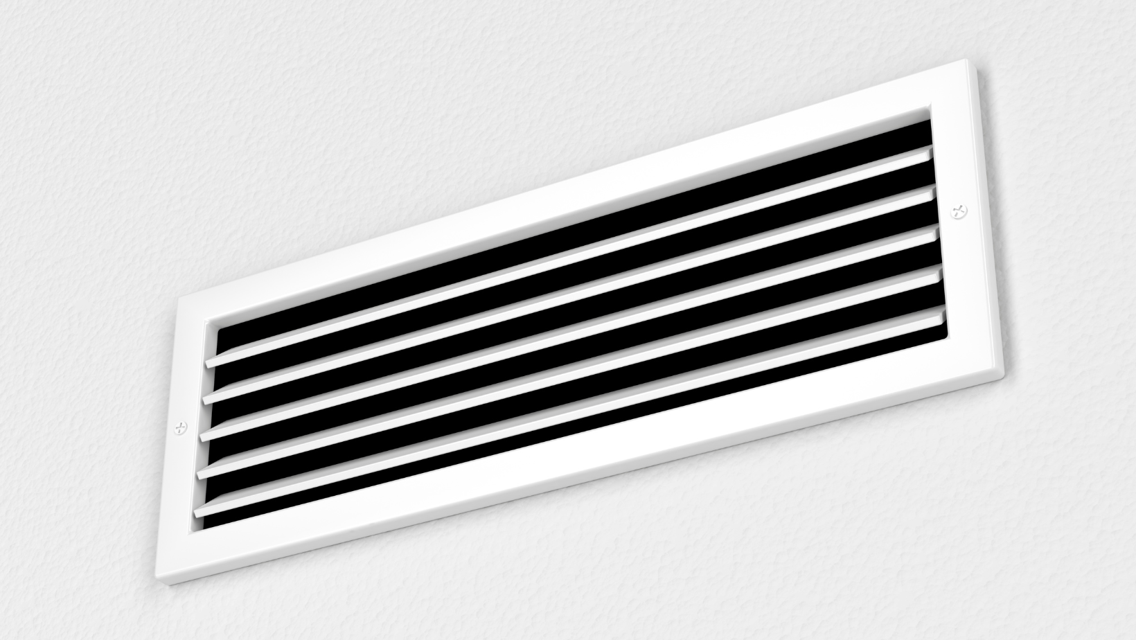 White wall air vent with horizontal black slats and a white frame