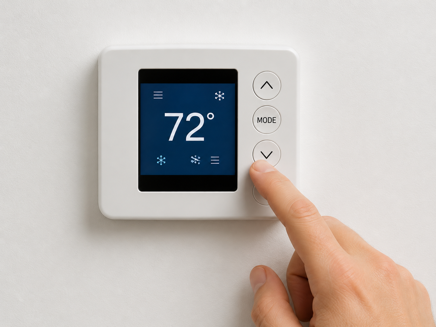 Hand adjusting a wall thermostat display set to 72° with up and down buttons.