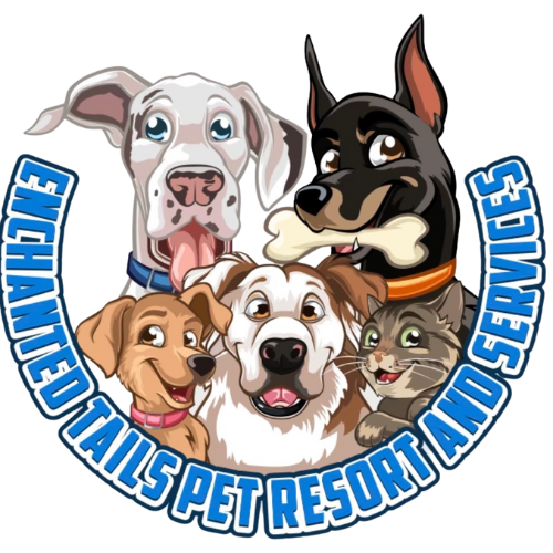 Logo: smiling dogs and cat, with a bone.