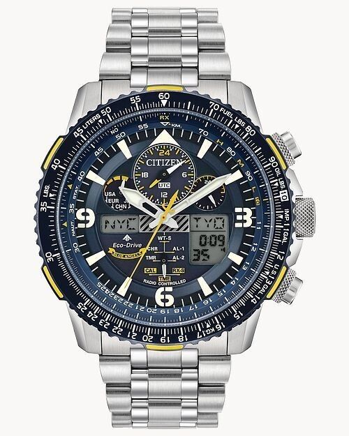 A citizen watch with a blue face and silver band