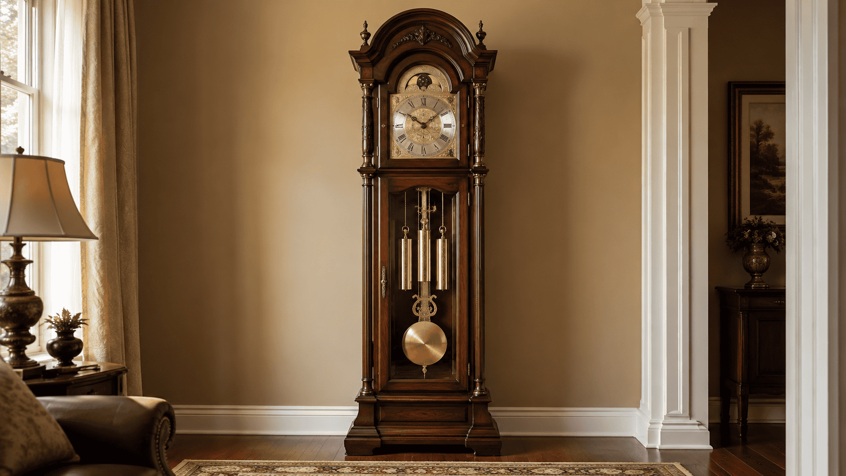 Grandfather clock in living room traditional home