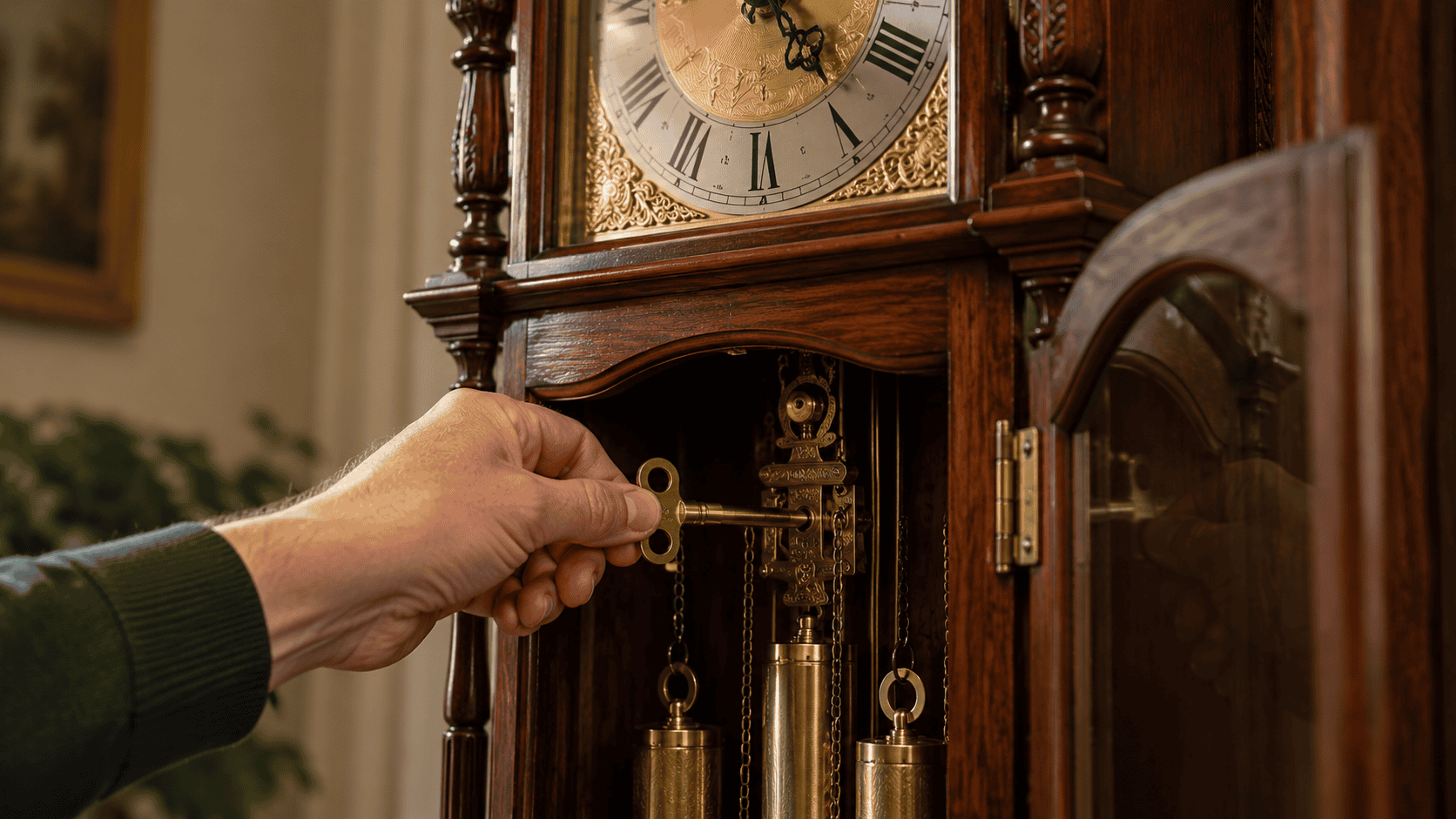 Hand Winding a Grandfather Clock closeup