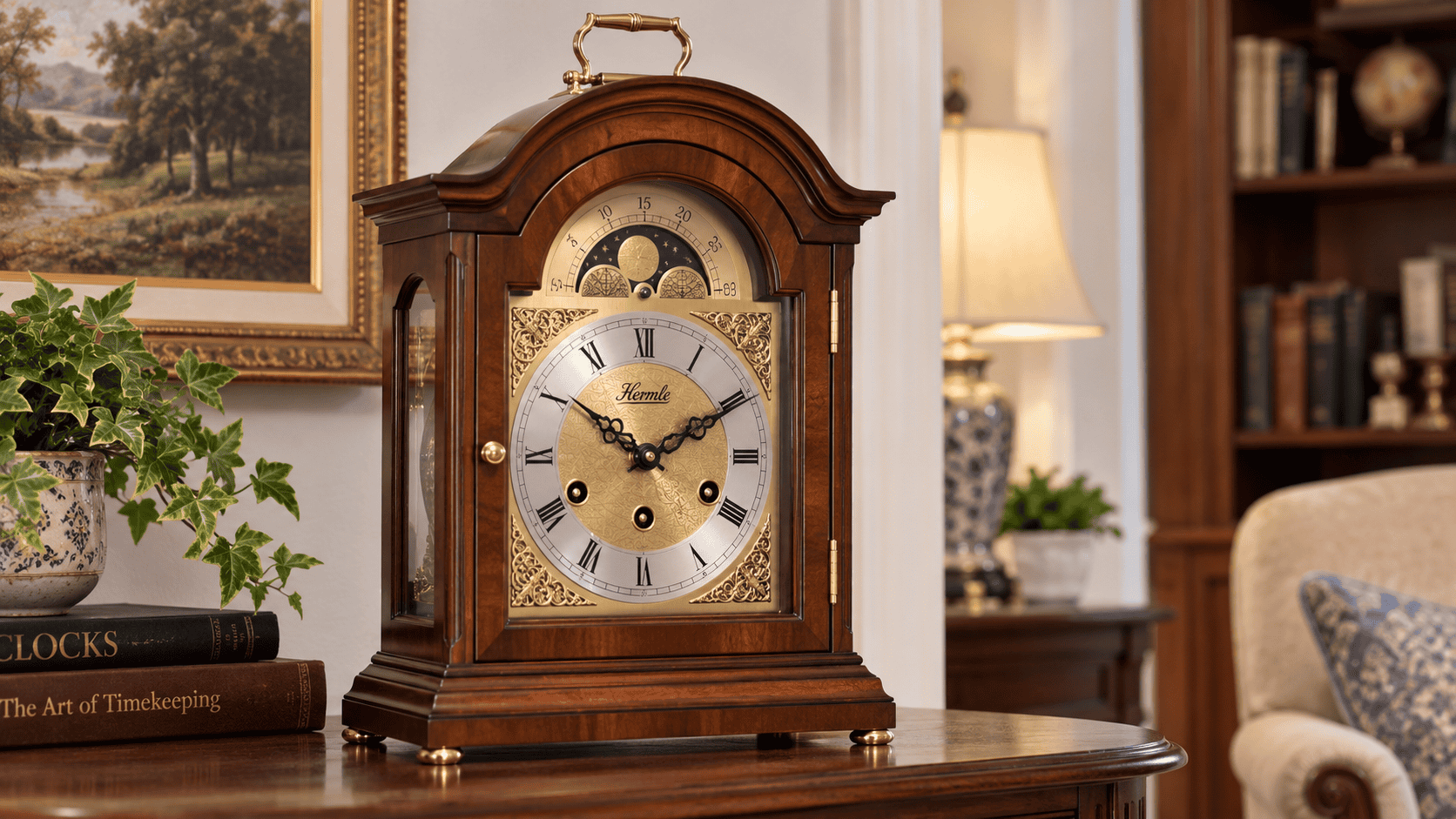 A Hermle Clock on a wood side table in a traditional home