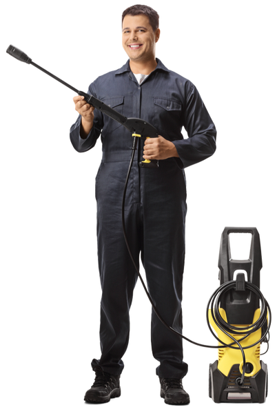 A man is holding a high-pressure washer.