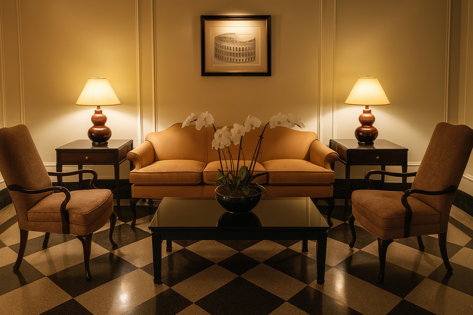 Elegant hotel lobby seating area with sofas, armchairs, lamps, and a coffee table under warm lighting