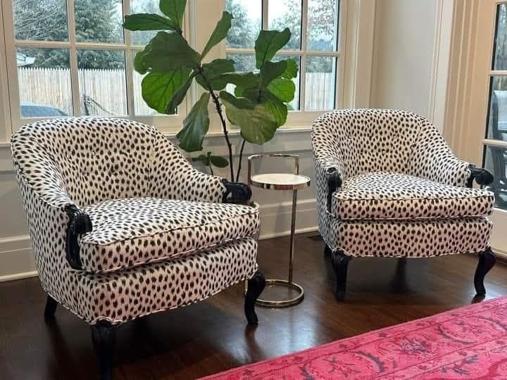 Two leopard-print chairs by windows with a gold side table and a large potted plant in a bright room
