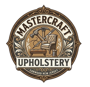 Mastercraft Upholstery logo with a vintage armchair and dark brown, cream, and gold design.