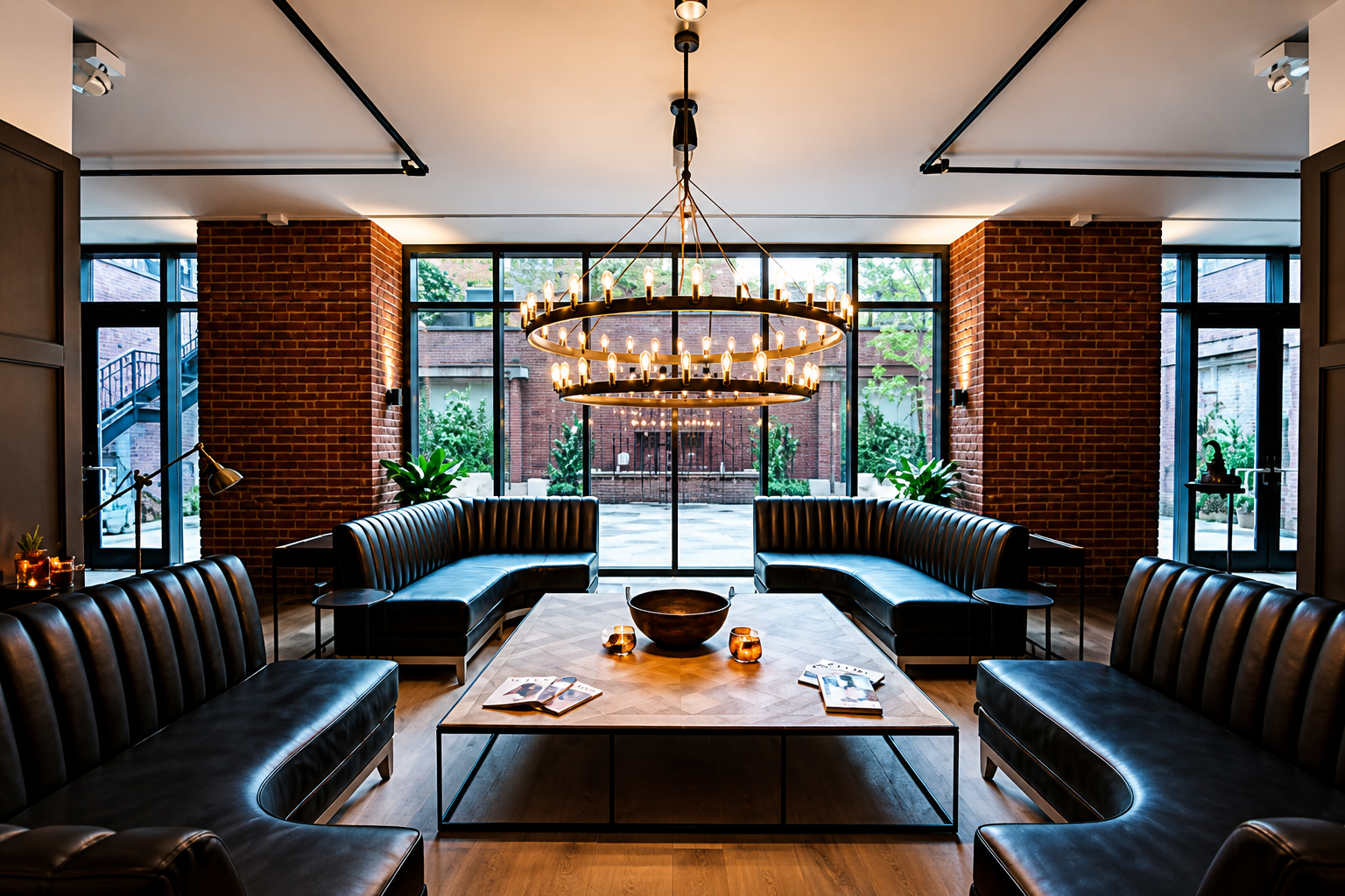 Modern lounge with black leather seating, a marble coffee table, and a large chandelier in front of tall windows