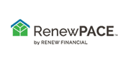 The logo for renew pace by renew financial has a house on it.