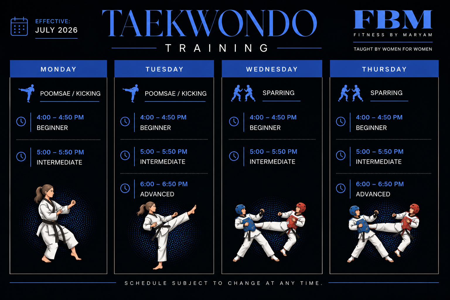 A taekwondo schedule for august 5th is shown.