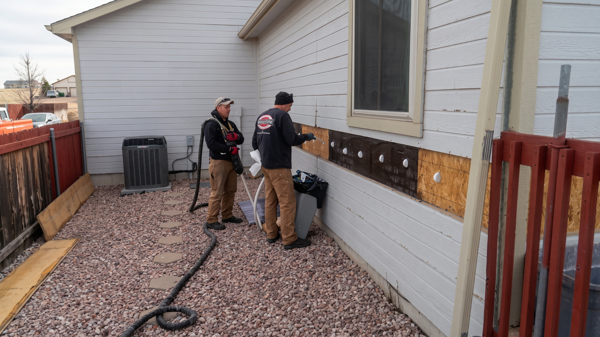 Two workers install exterior wall panels beside a white house with a gravel yard and red fence.
