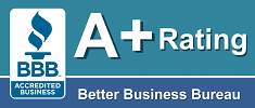 BBB Accredited Business A+ Rating logo in blue and white with Better Business Bureau text