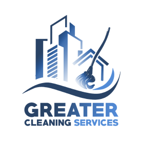 Greater Cleaning Service logo on a blue circle with yellow, white, and blue cleaning icons