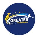 Greater Cleaning Service logo on a blue circle with yellow, white, and blue cleaning icons