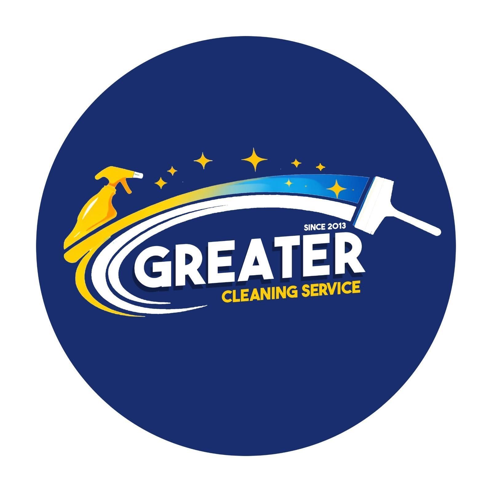 Greater Cleaning Service logo on a blue circle with yellow, white, and blue cleaning icons
