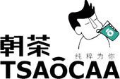 Black-and-white Tsaocaa logo with Chinese text and a stylized character drinking from a green cup