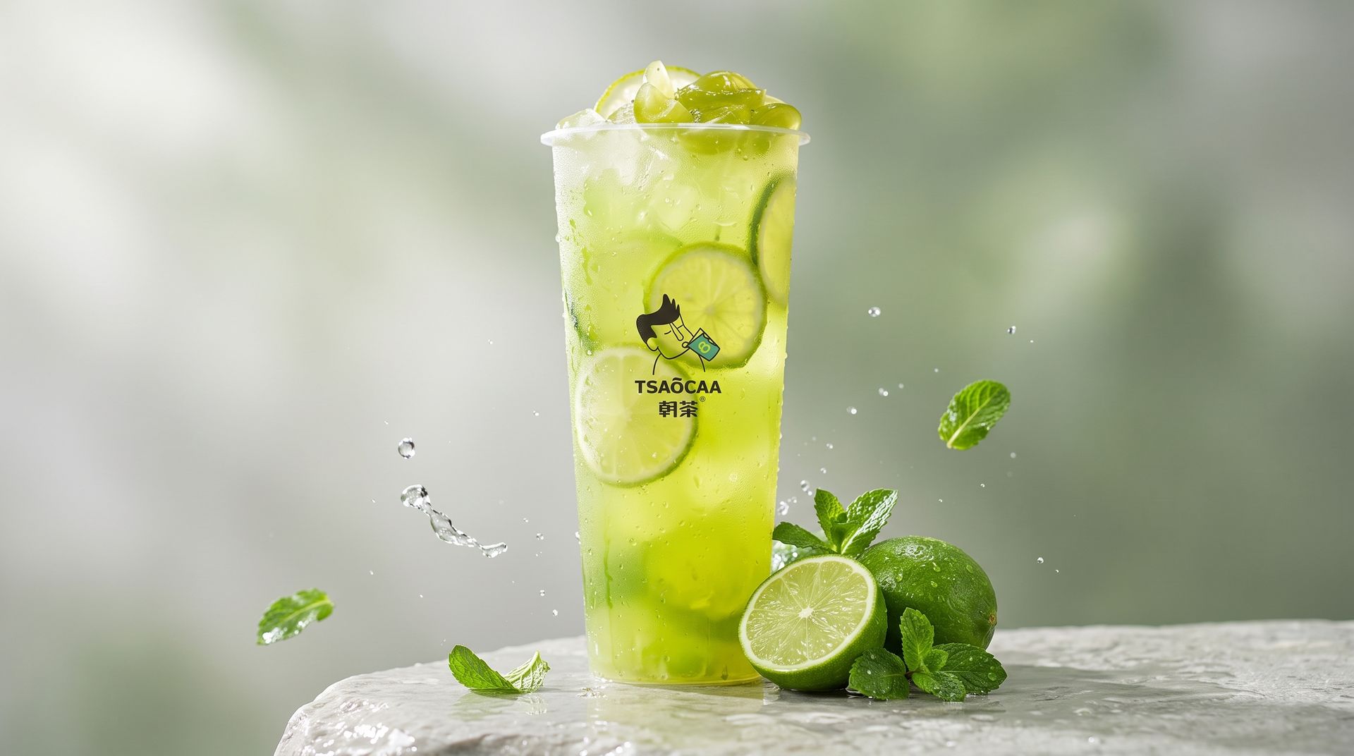Icy lime mocktail in a tall glass with lime slices, mint, and splashing droplets on a stone surface.
