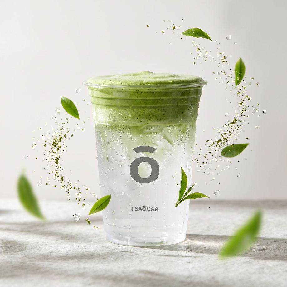 Clear tumbler with green matcha drink and floating leaves on a light background