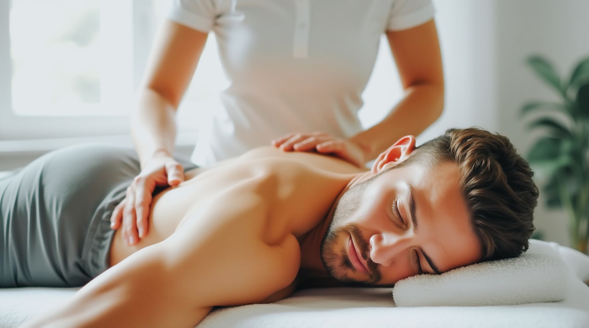 Pain control center therapist giving relaxing back massage to man lying on white table. Pain control center therapist giving relaxing back massage to man lying on white table.