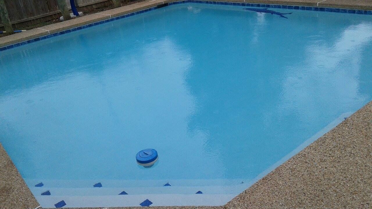 Blue swimming pool with clear water and a pool drain cover near the shallow end.