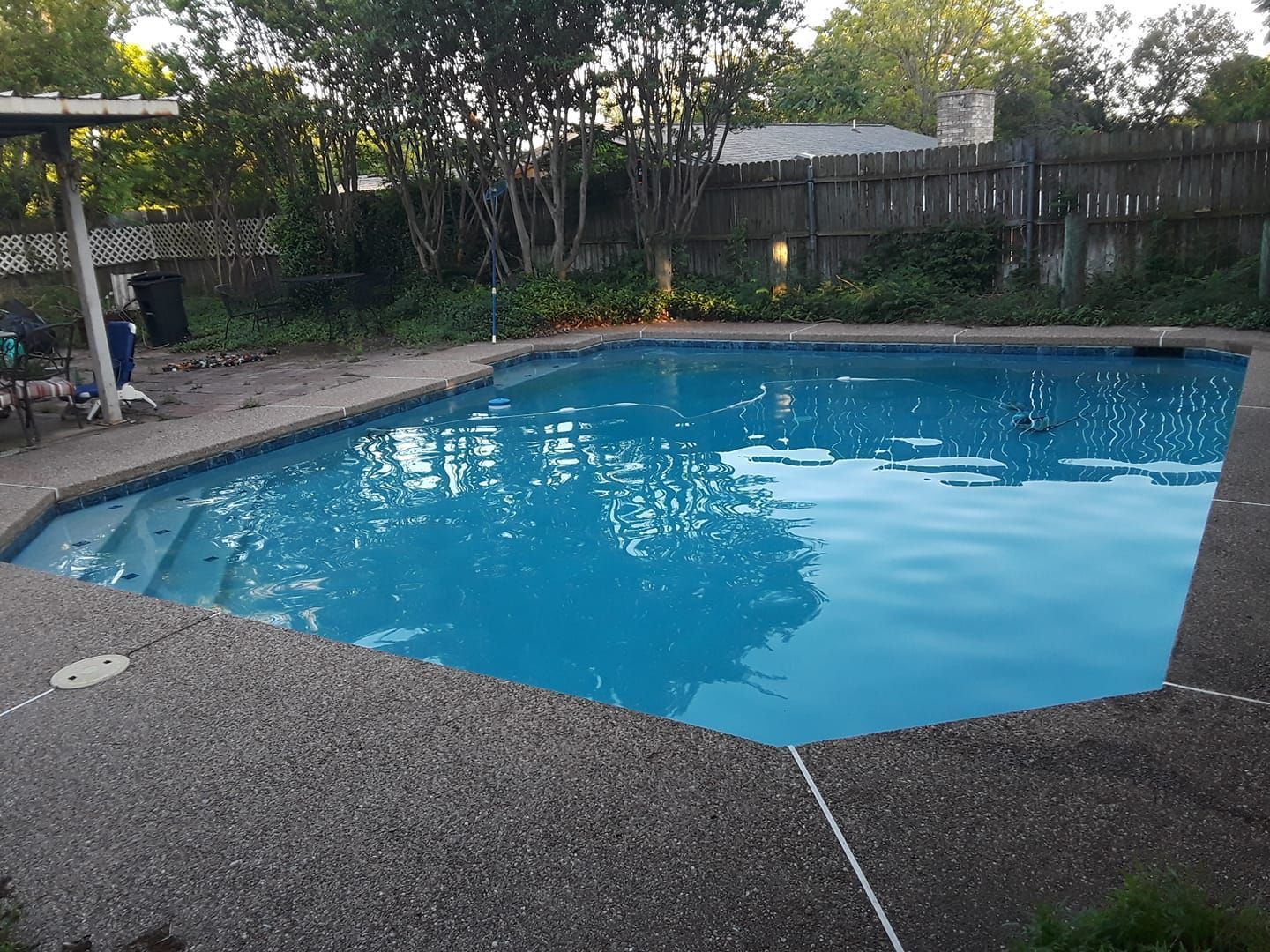 Backyard swimming pool with blue water, concrete deck, and trees and fence in the background