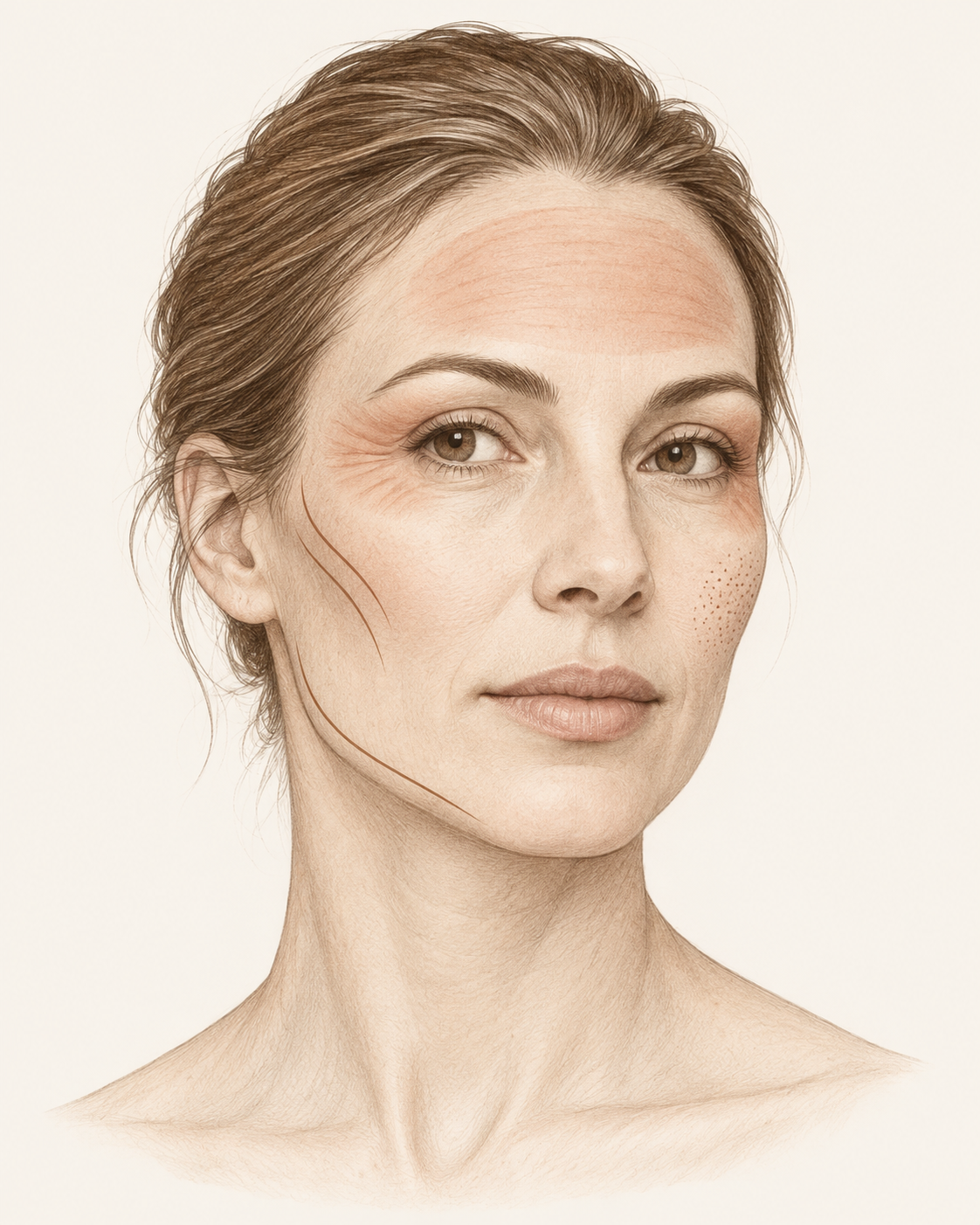 Schematische Gesichtsillustration: markierte Mimikbereiche, feine Konturlinien und angedeutete Hautstruktur