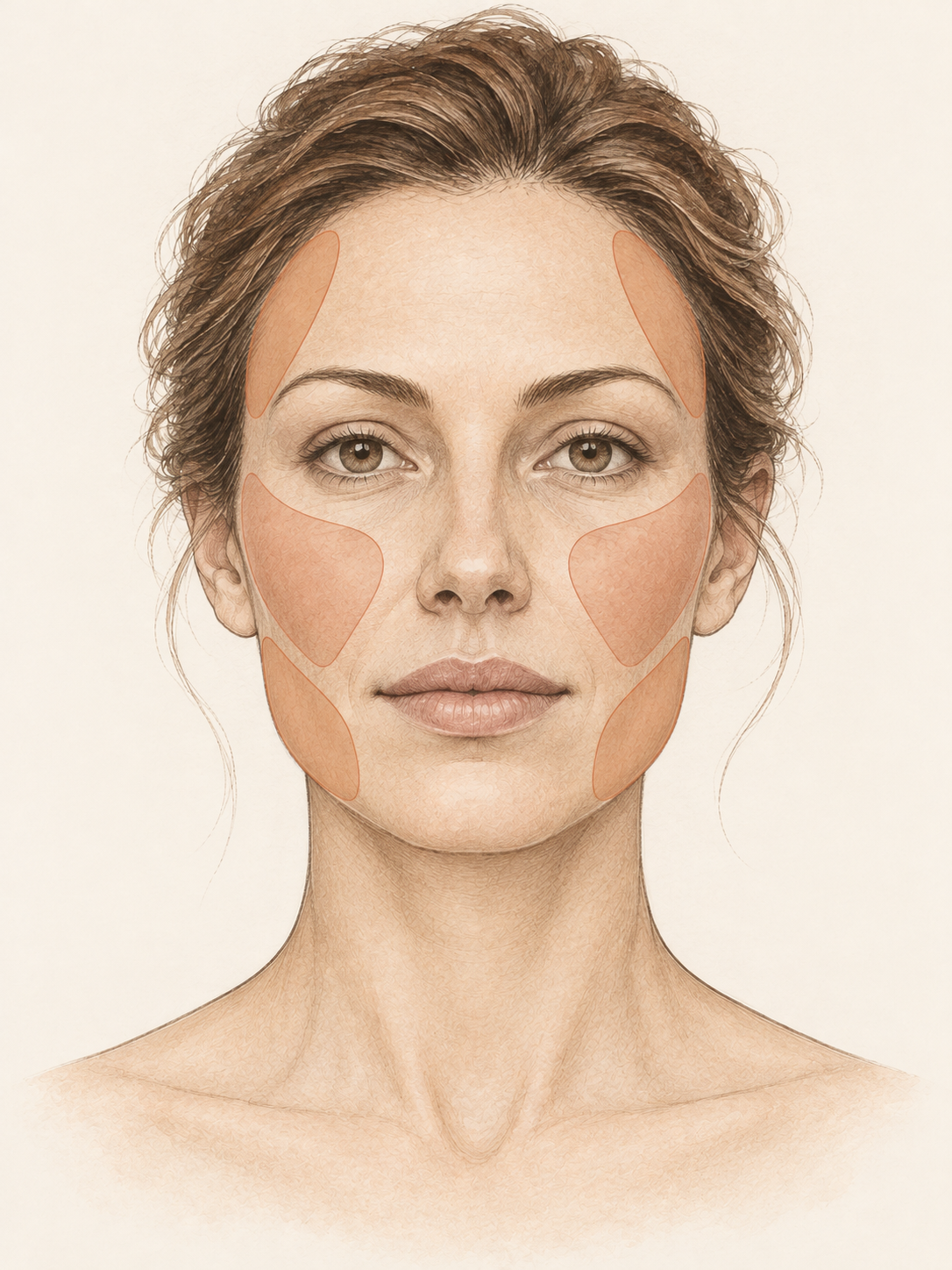 Schematische Gesichtsillustration mit ausgewählten Behandlungsbereichen für Sculptra