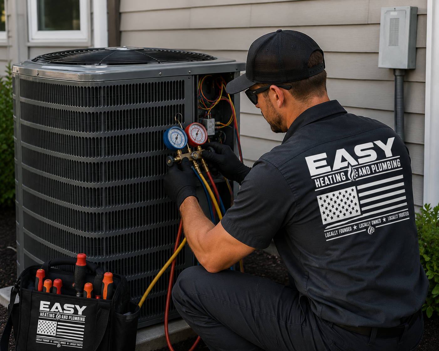 Technician servicing an outdoor air conditioner unit with gauges and tools beside a house