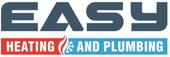 EASY Heating and Plumbing logo in blue, red, and white with a flame icon