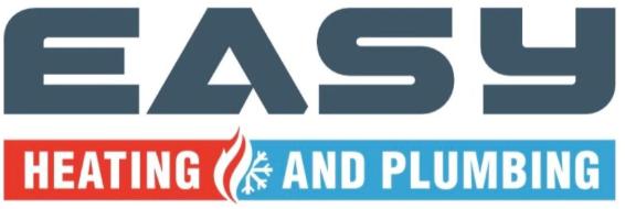 EASY Heating and Plumbing logo in blue, red, and white with a flame icon