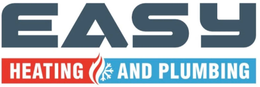 EASY Heating and Plumbing logo in blue, red, and white with a flame icon