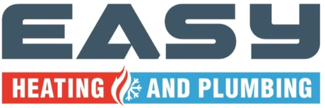EASY Heating and Plumbing logo in blue, red, and white with a flame icon