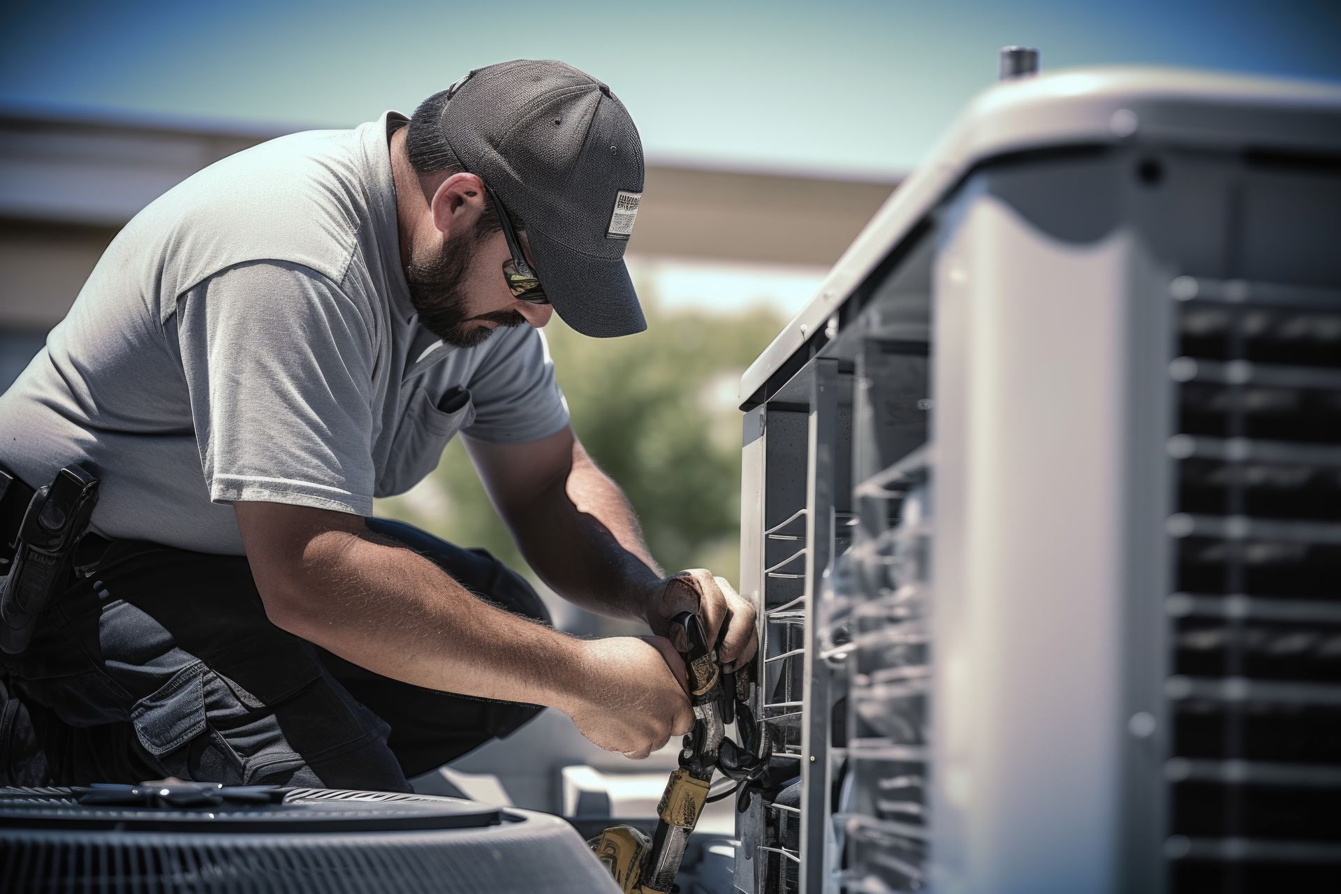 Technician working on an outdoor air conditioning unit, leaning over with tools and focused on repairs