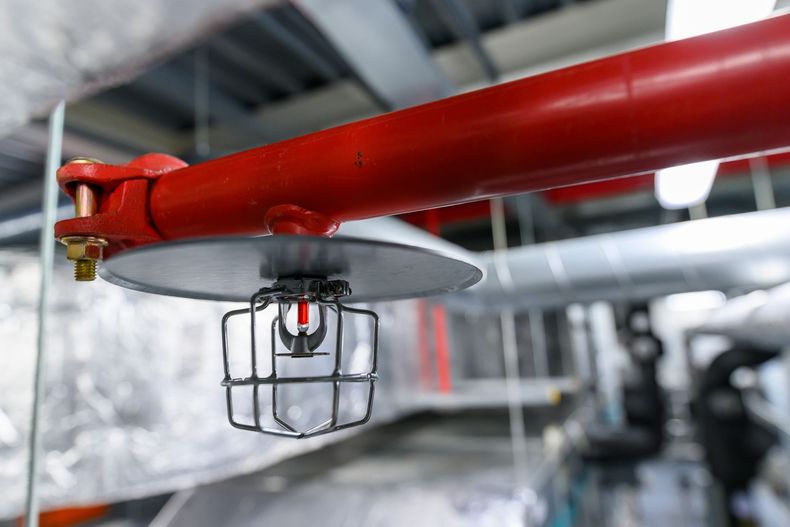 Red industrial pipe with a hanging caged sprinkler in an indoor facility
